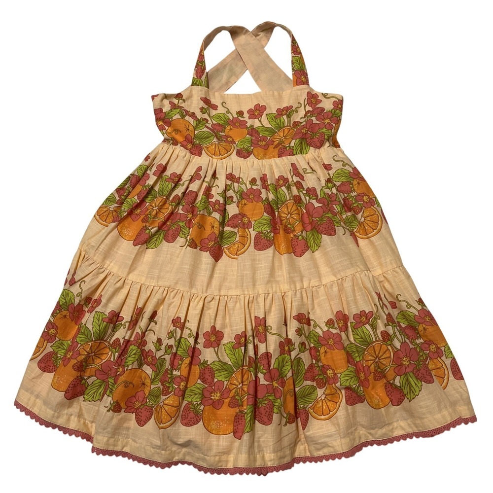C&C California Jumper‎ Dress Orange Floral Fruit Print Tiered Sundress Girls 10